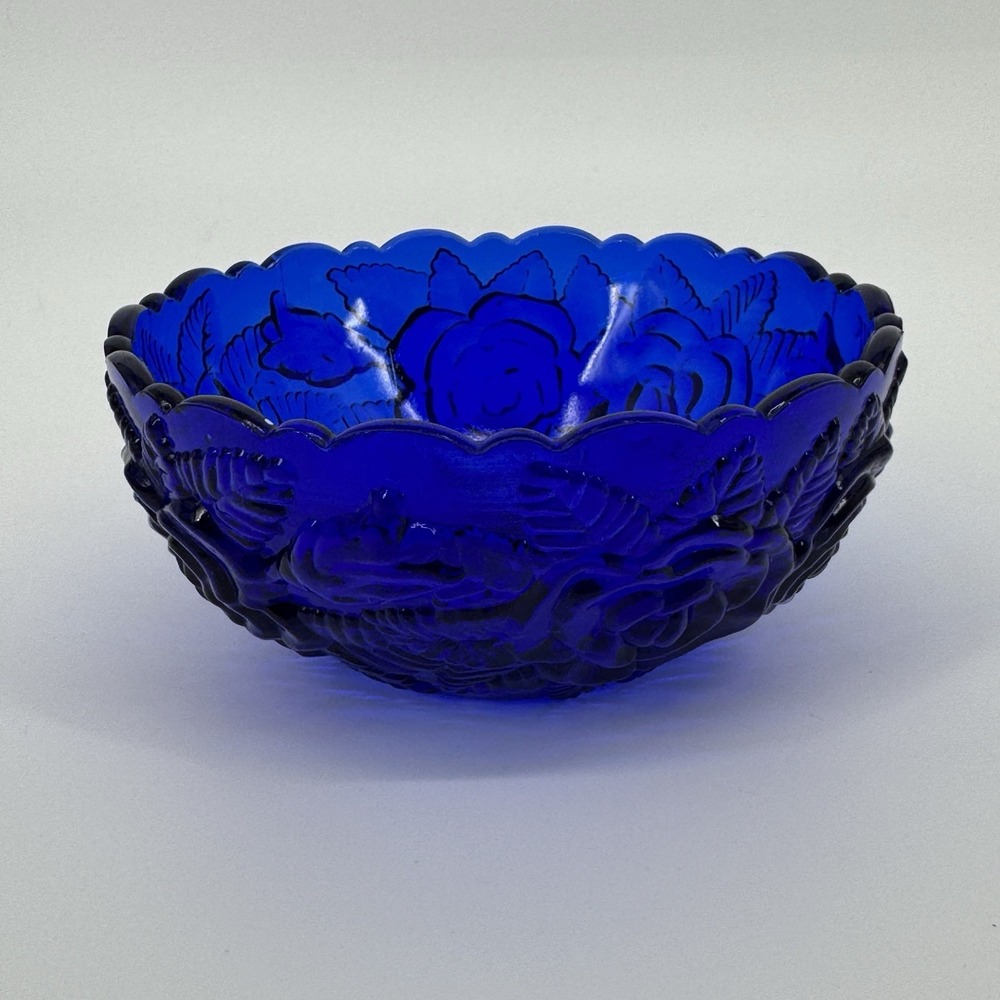 Vintage Cobalt Blue Glass Rose Floral Scalloped Serving Bowl 6" Pressed Glass